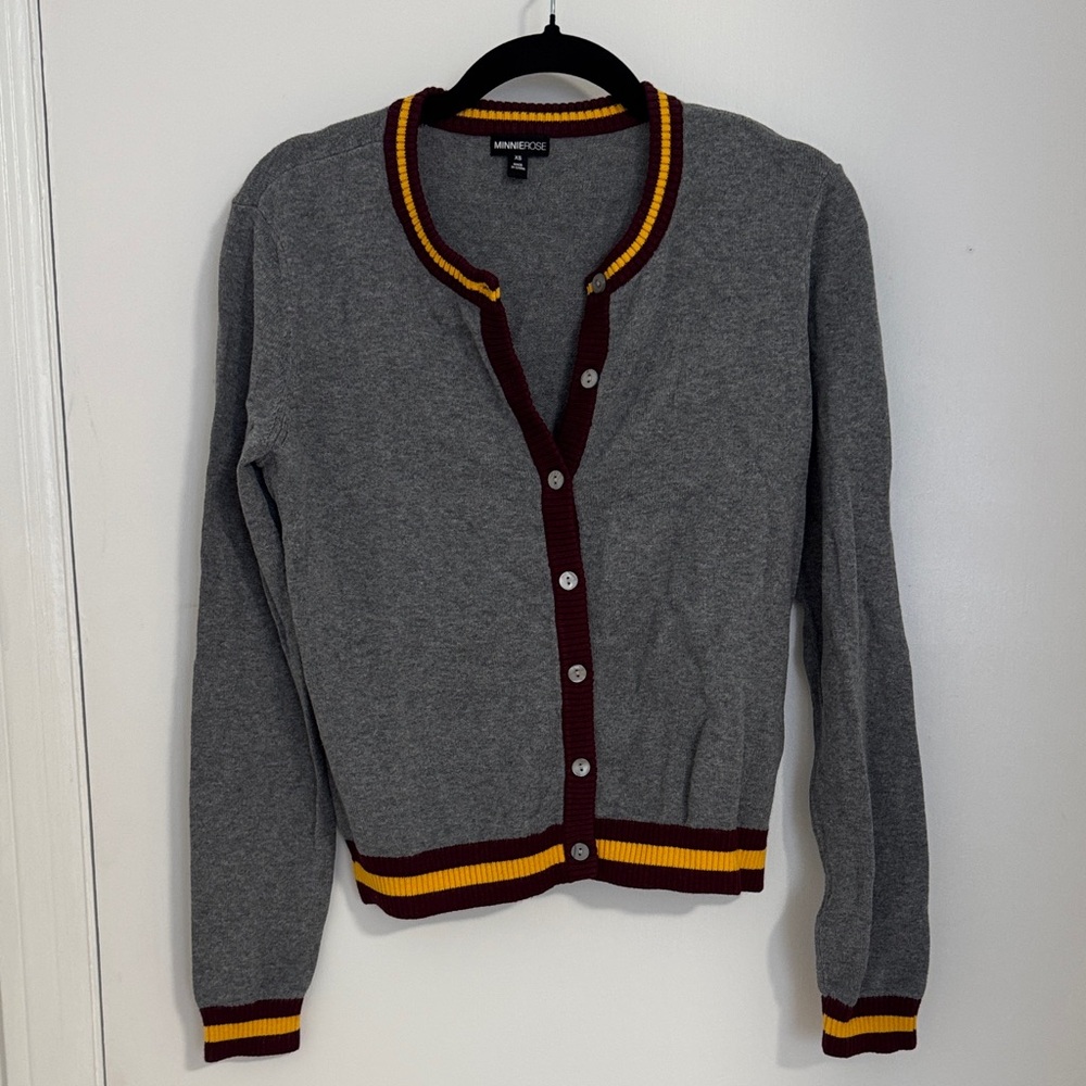 Minnie Rose Gray Cardigan with Burgundy and Yellow Trim
